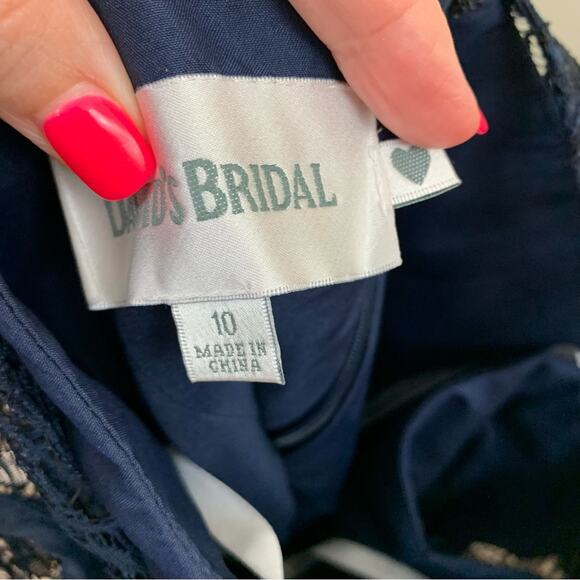 David’s Bridal Lace Elbow Sleeve All Over Contrast Marine Blue Dress - Picture 2 of 10